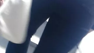 Woman in black denim molding climbing stairs 2