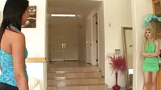 Fresh faced blonde and brunette lick eack other in 69 positi