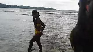 high definition  thai teen beach day outdoor giving deep throat throatpie