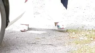 Wife walking in flower high heeled pumps