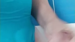 Boy in Step Moms one piece swimsuit cum