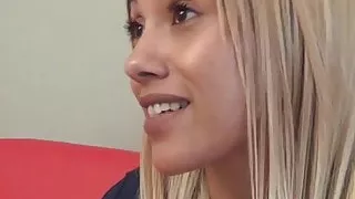 Attractive woman eats a sleazy fake producers sticky cum