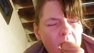 Orgasm while sucking a huge dildo