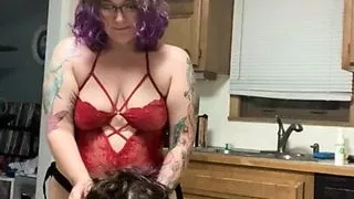 MrsDommeRee gets her sub to suck her strap on cock