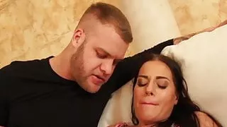 Two guys and one girl feed on each other