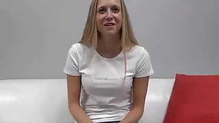 Casting of 20 yrs old young blonde goes slippery