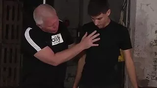 Blindfolded twink sub Axel Rubberax tormented by old dom