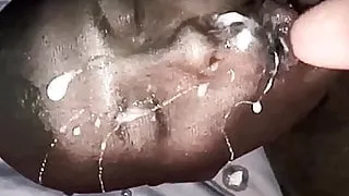 big cumshot all over her sexy pantyhose face so hot !