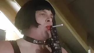 Smoking slim all white with lipstick and gloves