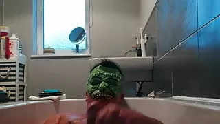 Bath wank with mask on