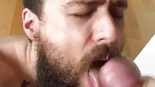 cumming on a bearded guy
