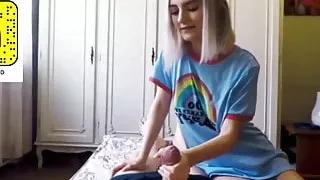 young horny blonde gives amazing handjob