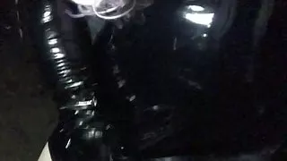 Sissy crossdresser pvc slut outdoor wank