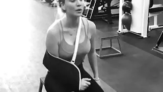 Kaley Cuoco working out with pokie nipples, arm in a sling
