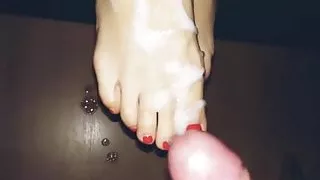 Friend cums on my step mom's feet again