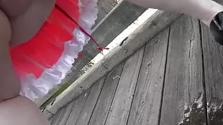 BBW Red Riding Hood pees in public on a deck