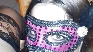 girlfriend rides huge dildo while teasing her sissy