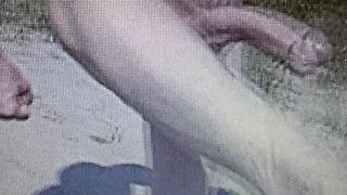 Naked skinny huge hung guy with hard on outside