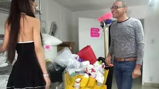 Beautiful trans maid goes down for a blowjob before anal sex