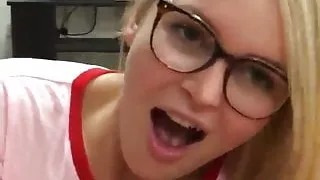 Sexy blond with glasses sucks cock and eats cum