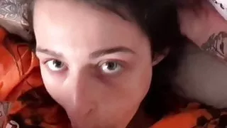 Young brunette sucks cock, gets fucked and cummed on, POV