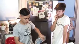 Kitchen bareback session with Latino twink and his friend