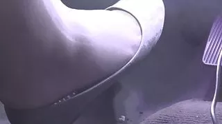 Wife pedal pumping. Driving in flats and fishnets