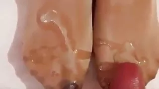 School friend cums on my step mom's feet in pantyhose