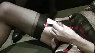 rubbing cock on wifes stockinged leg
