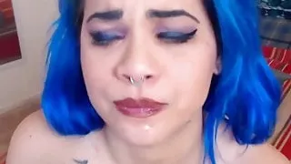 Blue haired deepthroat babe swallows big toy