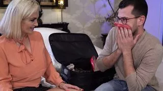 Old woman charming younger guy to fuck her
