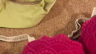 Jerking with Victoria secret bras satin panties with cumshot