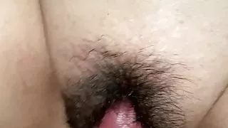 Rubing cock fat  hairy pussy