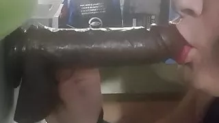 Gagging on black toys with sloppy smoking blowjob