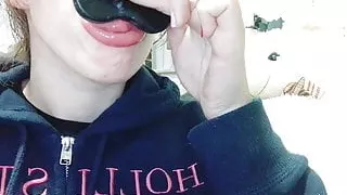 Girl (me) with braces deep throating her butt plug