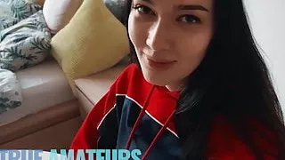 samll tit girlfriend  rides cock and  filled with cum - trueamateur