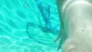 Brunette blowjob in poolside