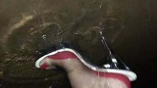 Walking in the Rain with Black&Red Nylons & clear High Heels