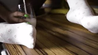 Hot teen eating banana and pouring milk all over her sexy bo