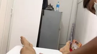 Big Cock gets a brazilian wax by a busty Thai Milf part 1