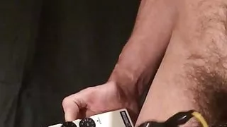 gay electro cum in chastity cage - ballstretcher