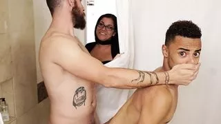 Step dad and step son caught by step mom at the shower