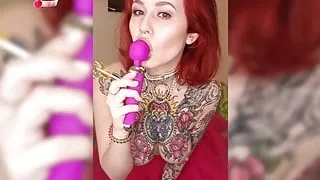 Sweet Babe in Pink Skirt Play Pink Vibrator and Sucks Lollip