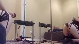 Sissy in chastity dildos ass with bbc dildo.