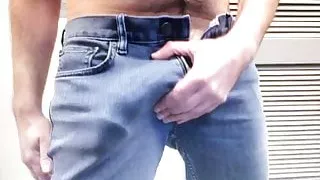 Huge cock mushroom head bulge in jeans edging hung dick