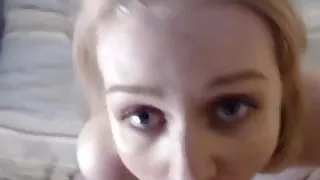 Small tits on girl sucking cock and takes a load