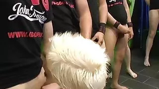 Busty blonde slut gets cummouth in gangbang