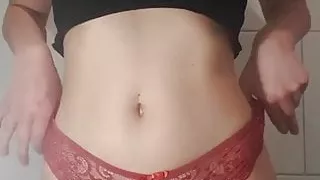 Thick brunette strips to show off her great tits