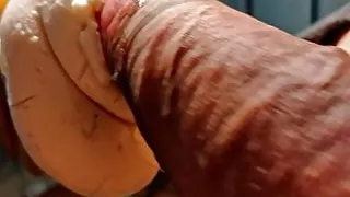 Fucking rubber pussy and stroking my cock and balls