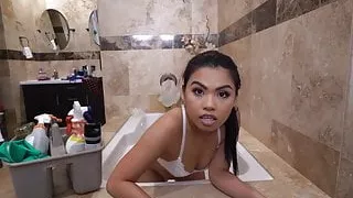 Little Asian Cleaning my bathroom